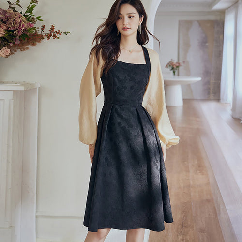 Bishop Sleeves Black Knee Length Dress