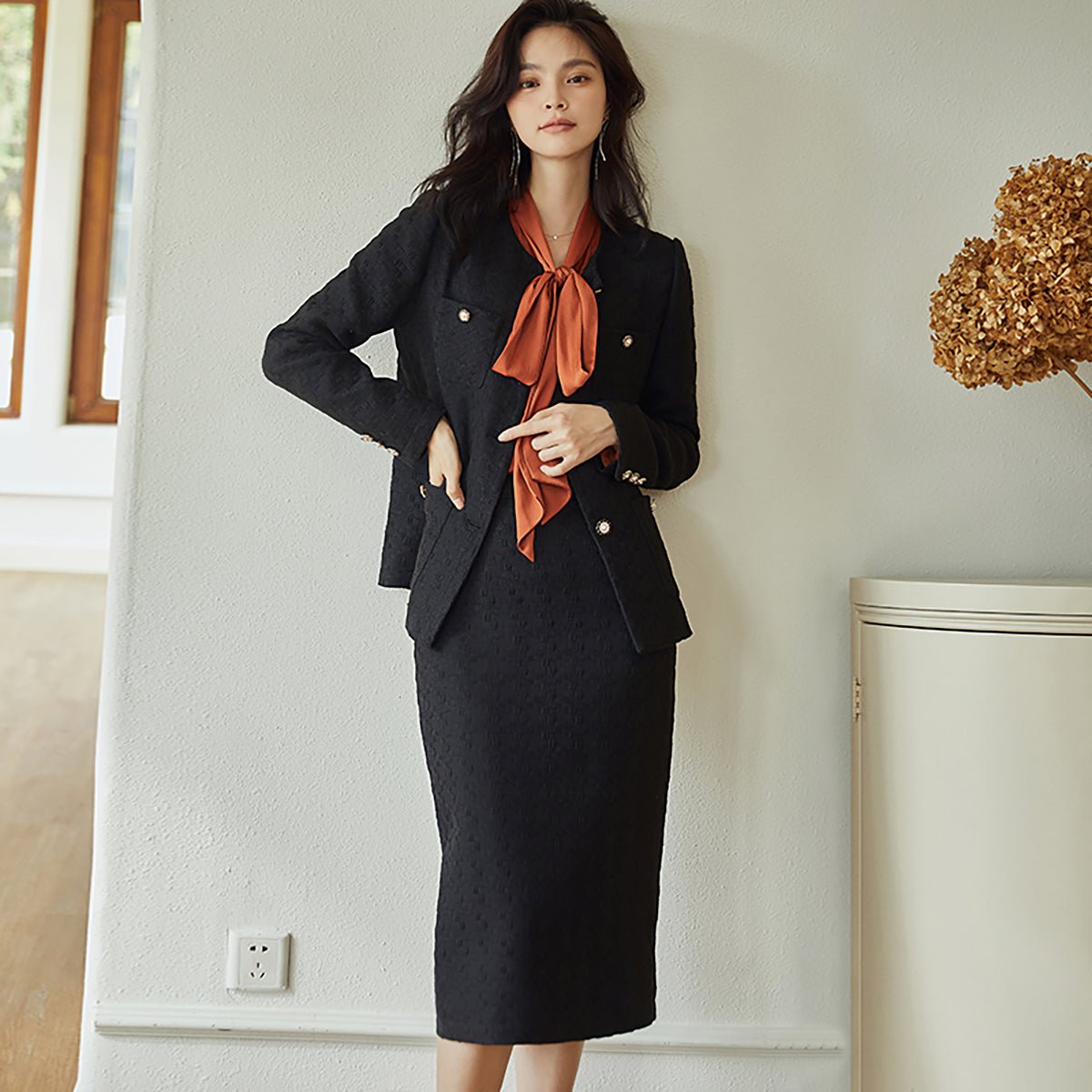 Black Buttoned Jacket with Embroidered Edges   0cm