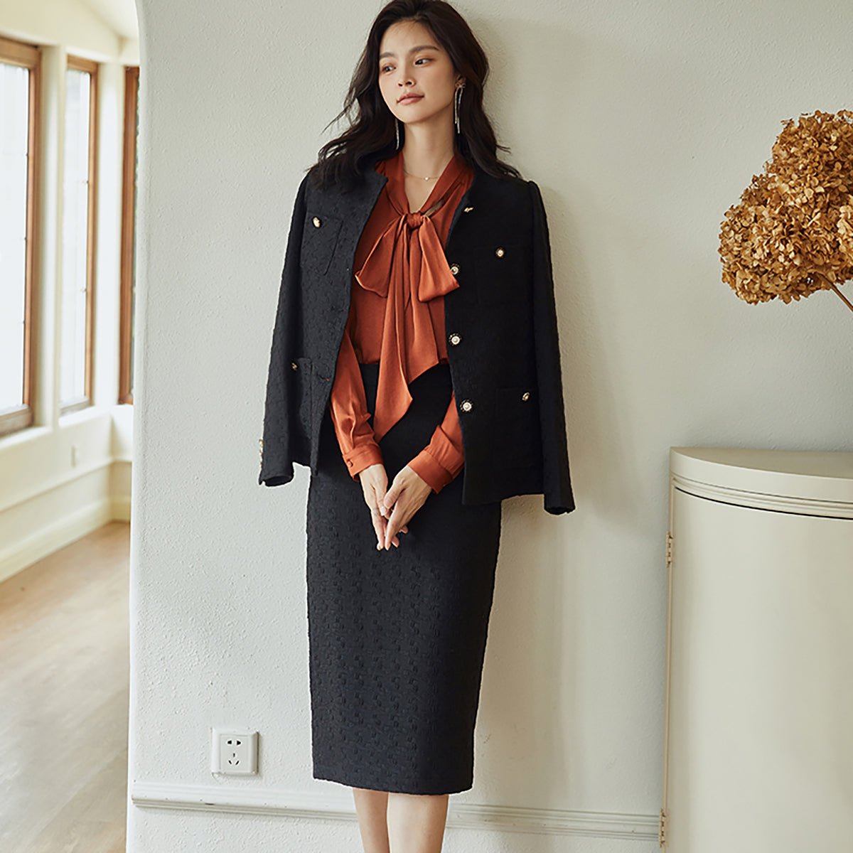 Black Buttoned Jacket with Embroidered Edges   0cm