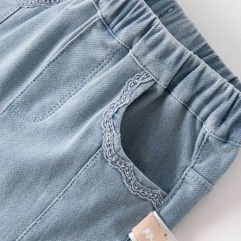 Bowknot Front slit Girl Lace Detail Blue Jeans   0cm