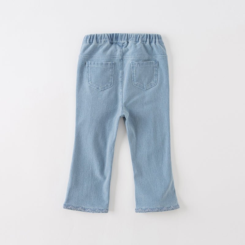 Bowknot Front slit Girl Lace Detail Blue Jeans   0cm