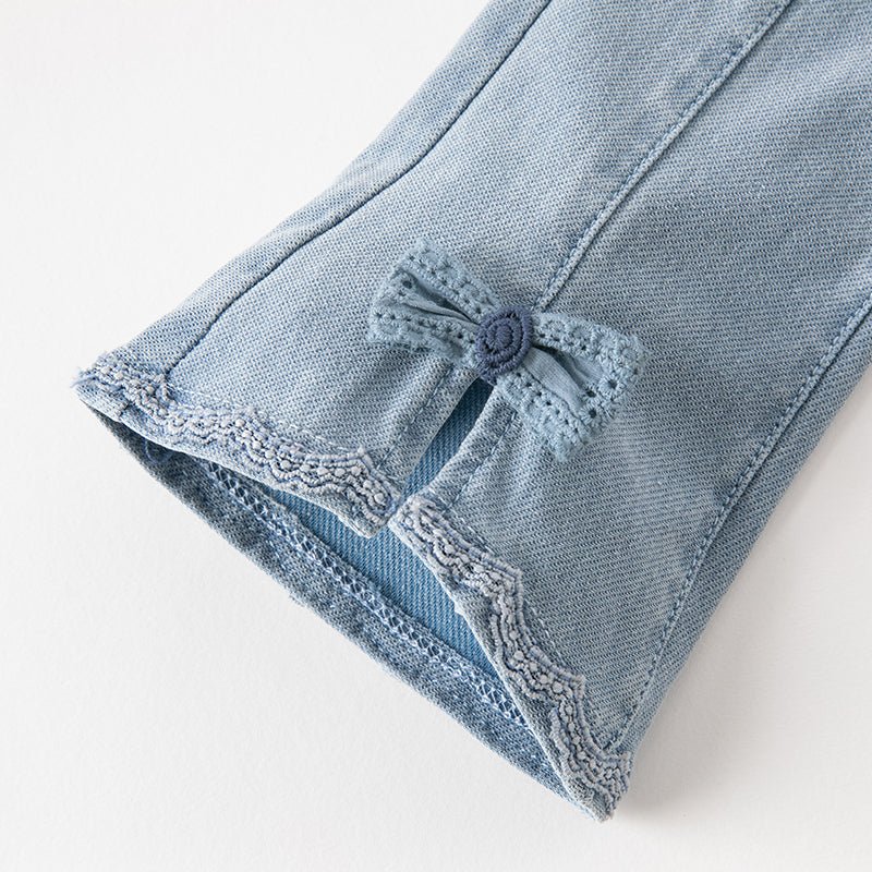 Bowknot Front slit Girl Lace Detail Blue Jeans   0cm