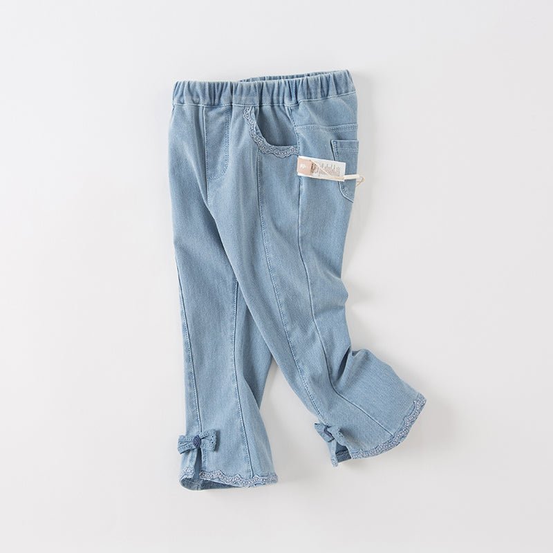 Bowknot Front slit Girl Lace Detail Blue Jeans   0cm