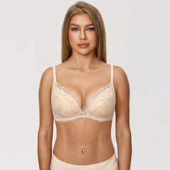 Braexy Plunge Deep V Neckline Underwire Support Beige Lace Bra