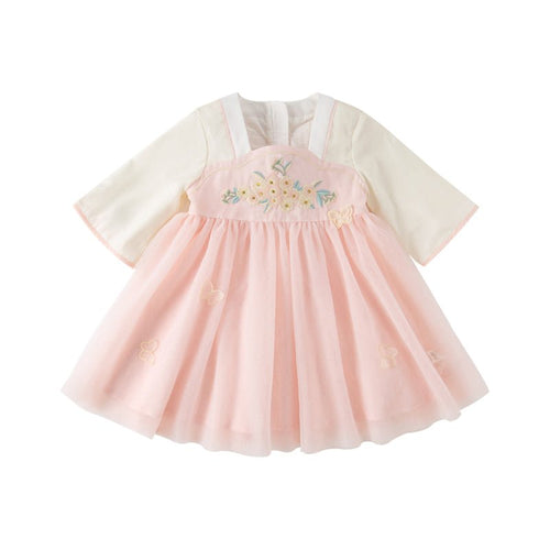 Butterfly Valley Embroidery Girl Mesh Pink Dress