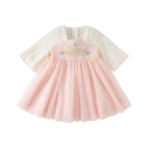 Butterfly Valley Embroidery Girl Mesh Pink Dress