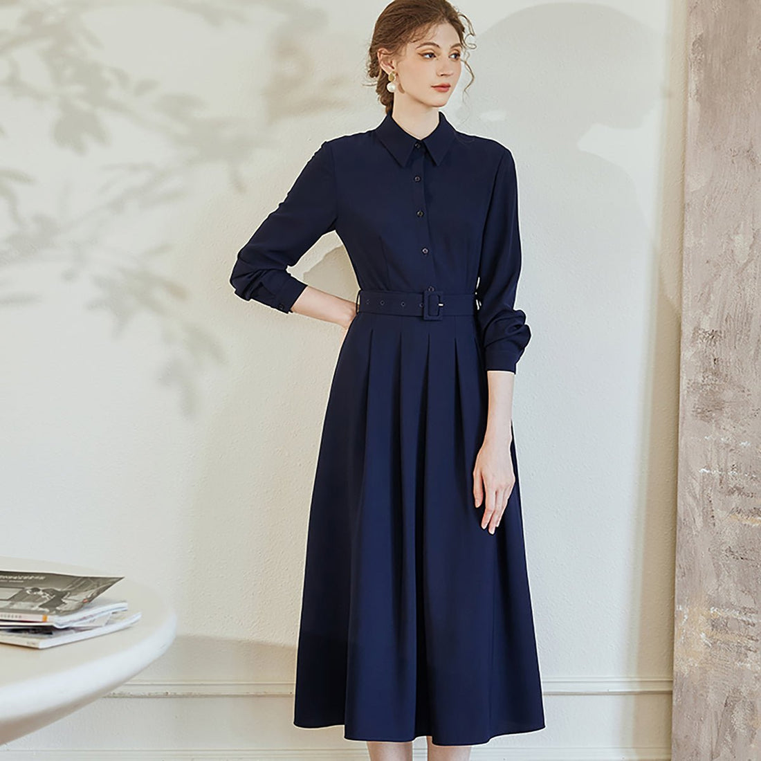 Buttoned Top Pleated Dress in Navy - 0cm
