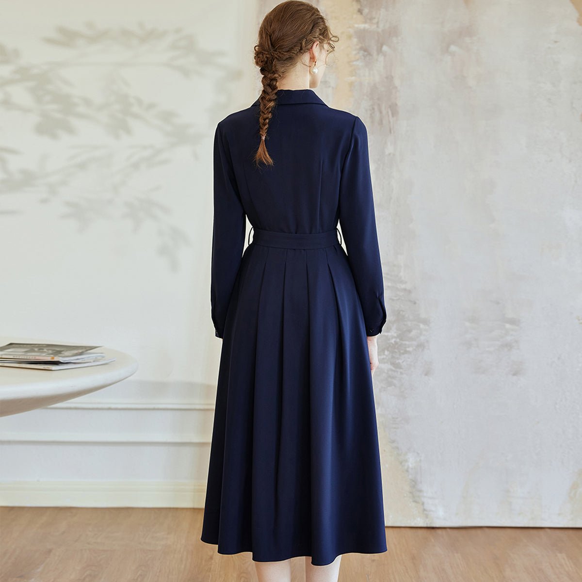Buttoned Top Pleated Dress in Navy   0cm