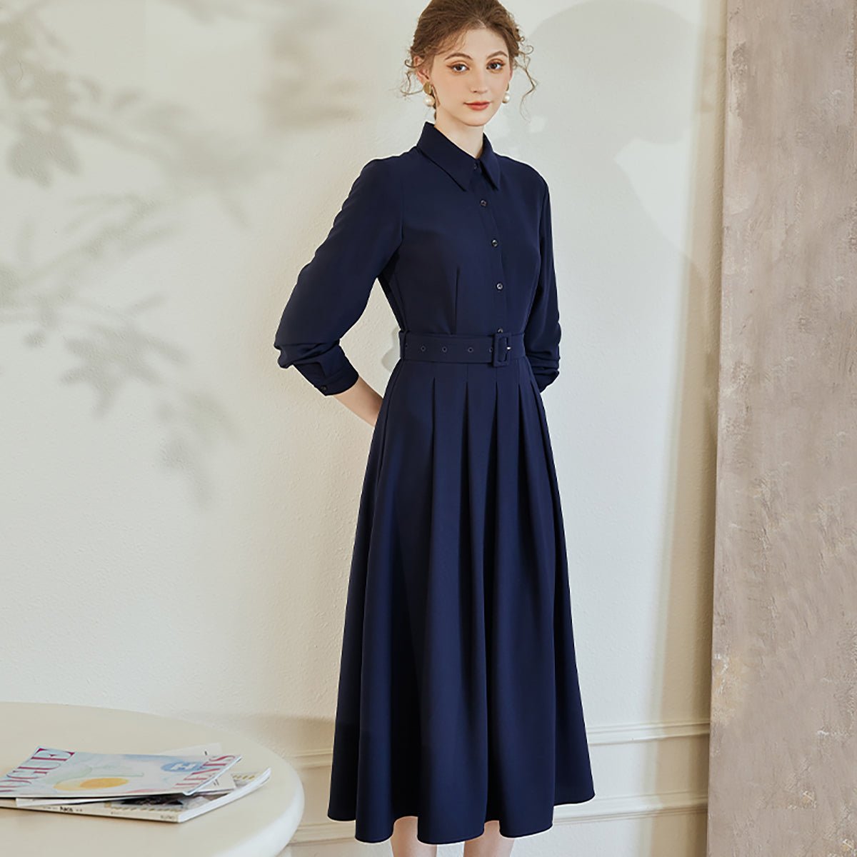 Buttoned Top Pleated Dress in Navy   0cm