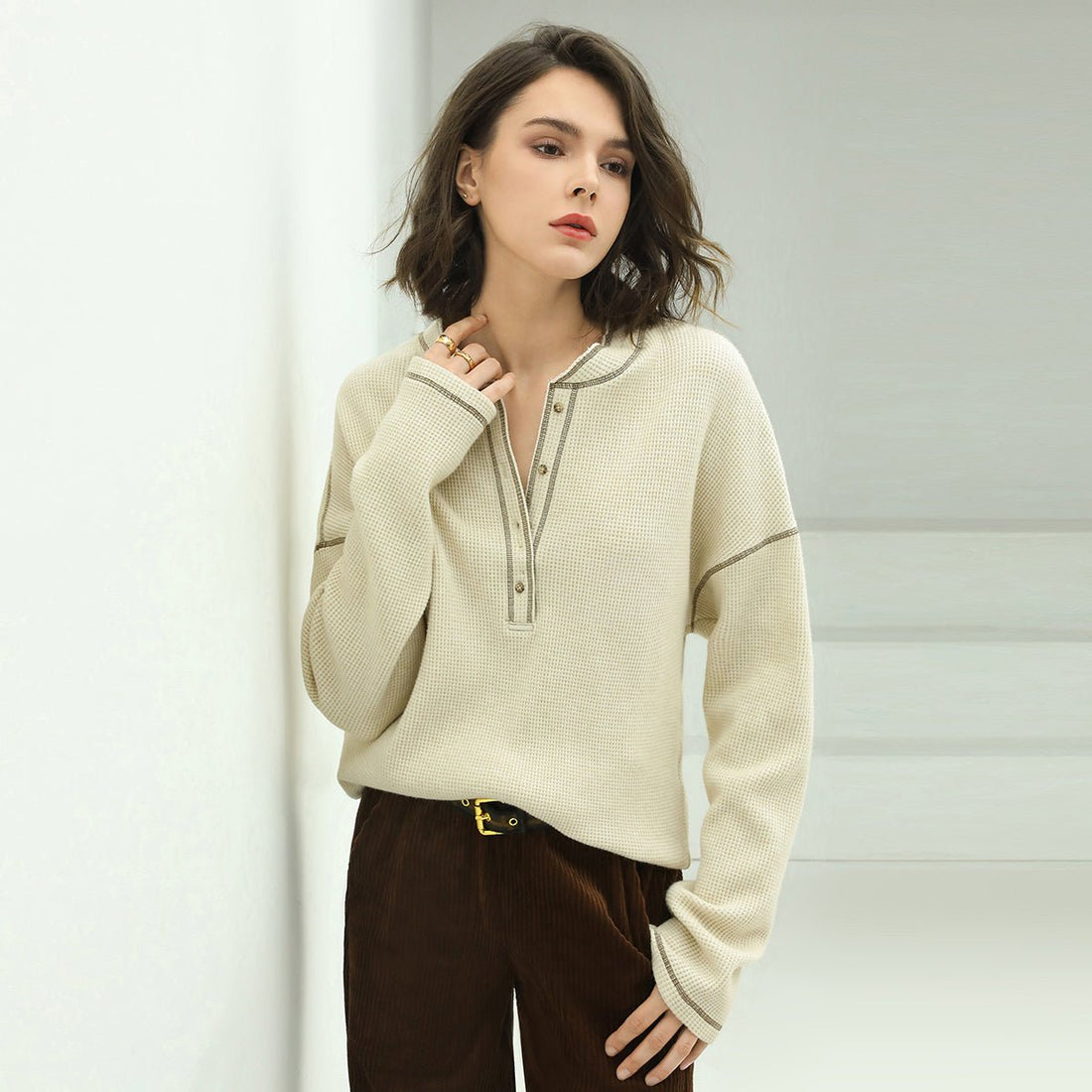 Casual Contrast Stitching Waffle Cream Pullover Sweater - 0cm