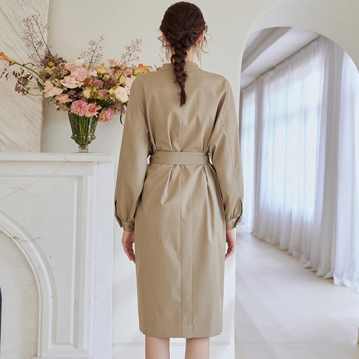 Casual Trench Khaki Dress   0cm