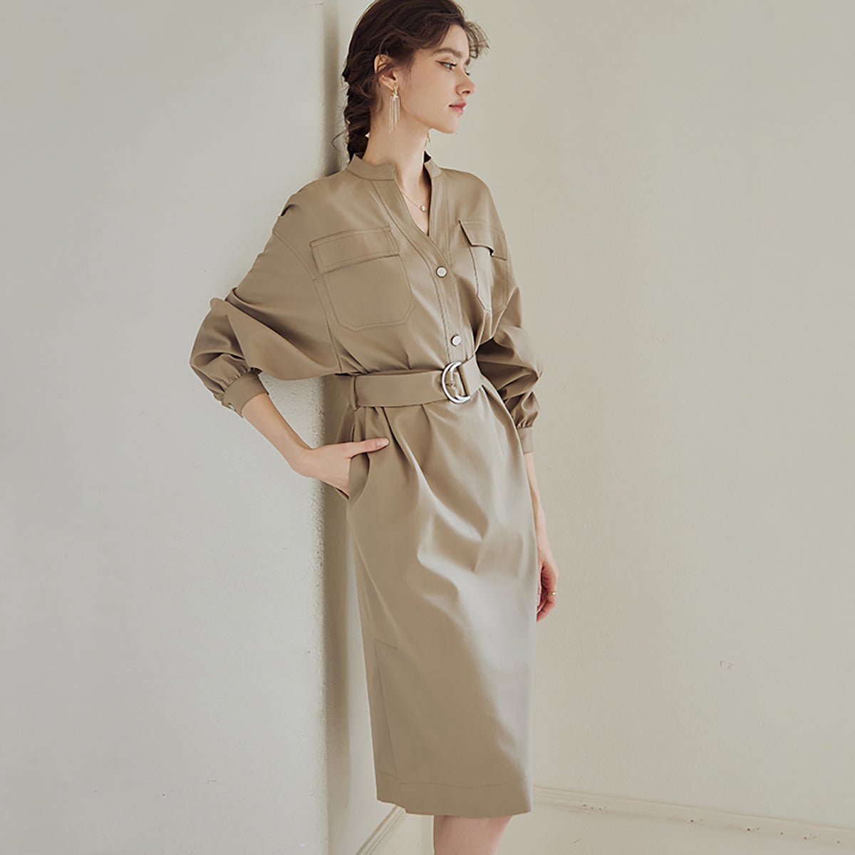Casual Trench Khaki Dress   0cm