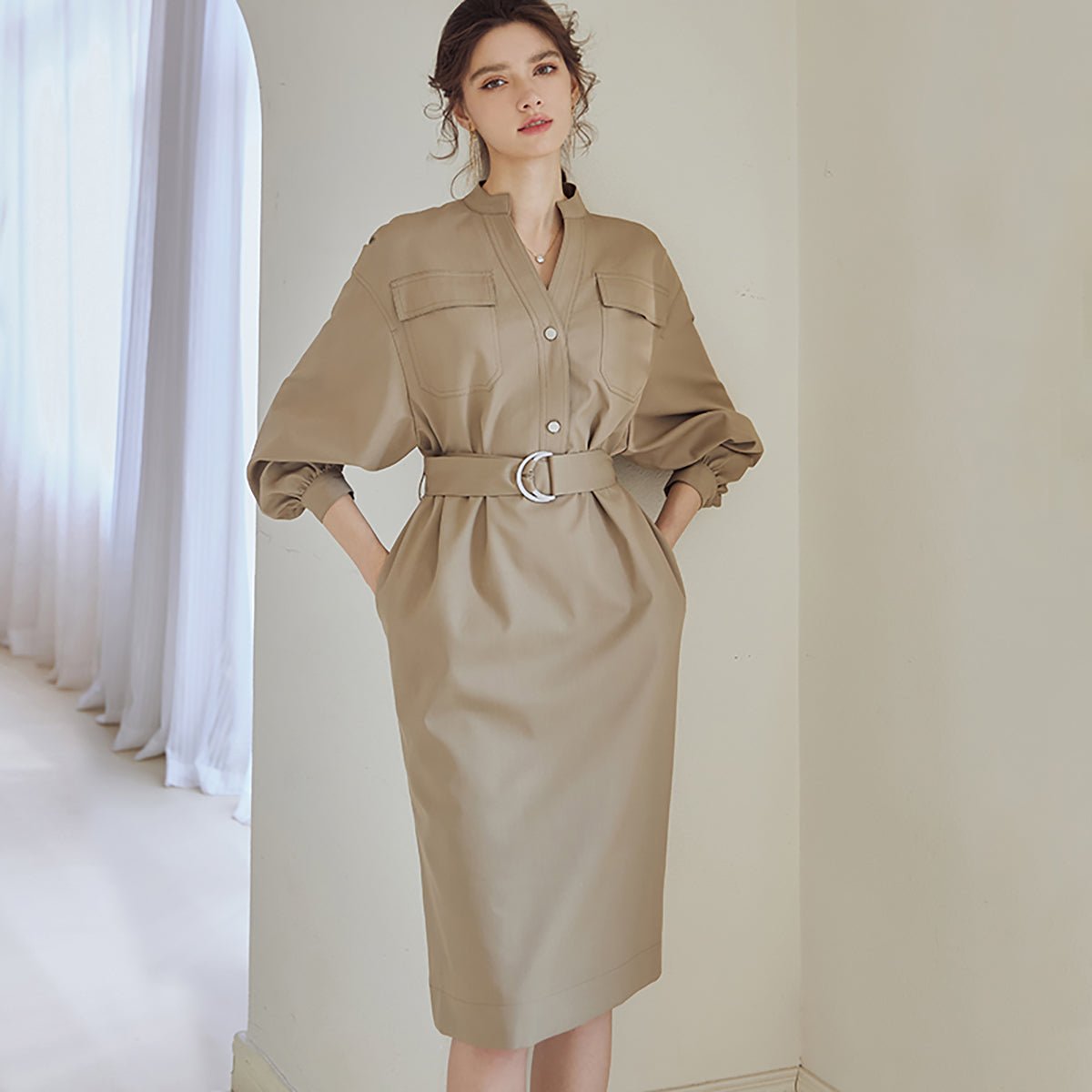 Casual Trench Khaki Dress   0cm
