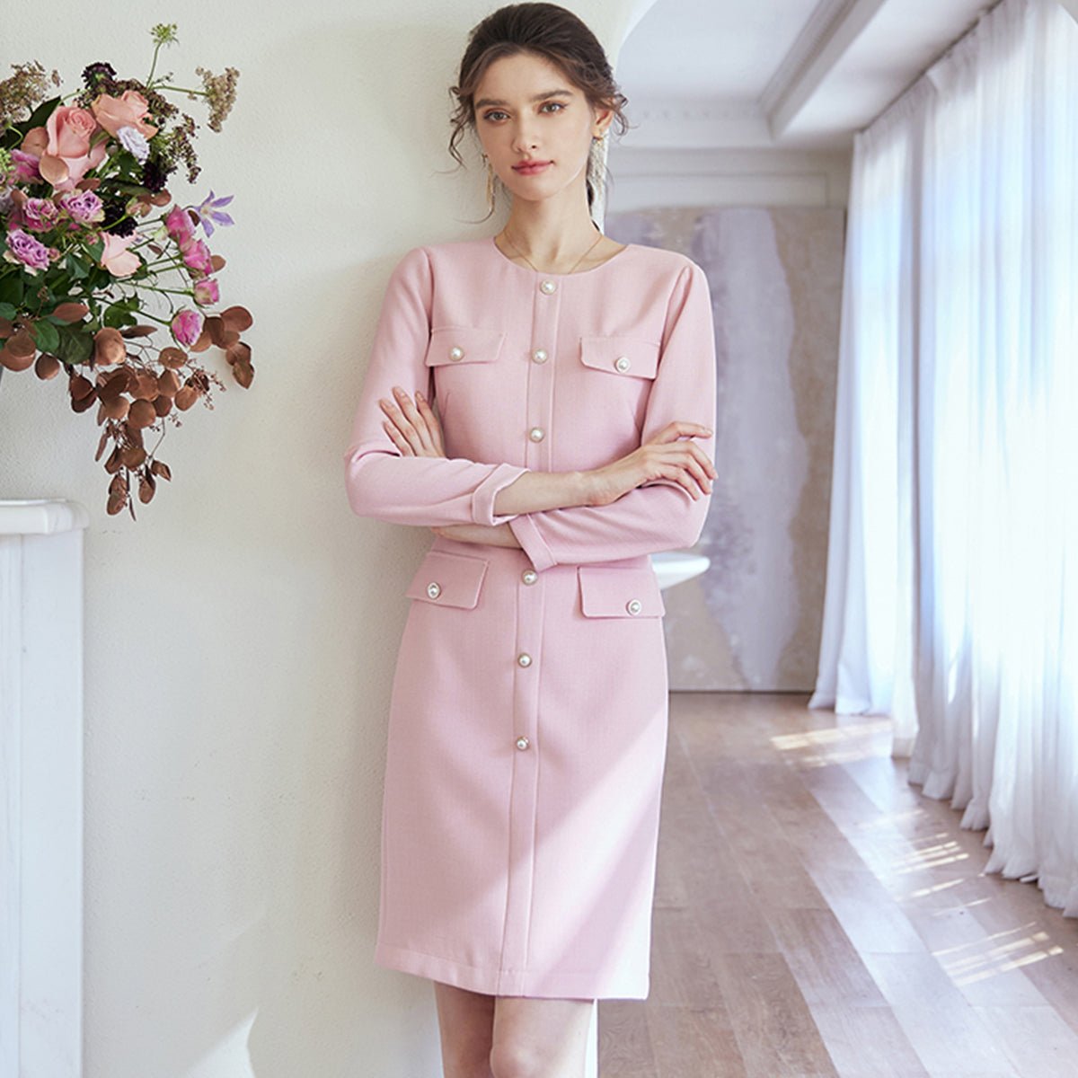 Chic Buttoned Pink Dress   0cm