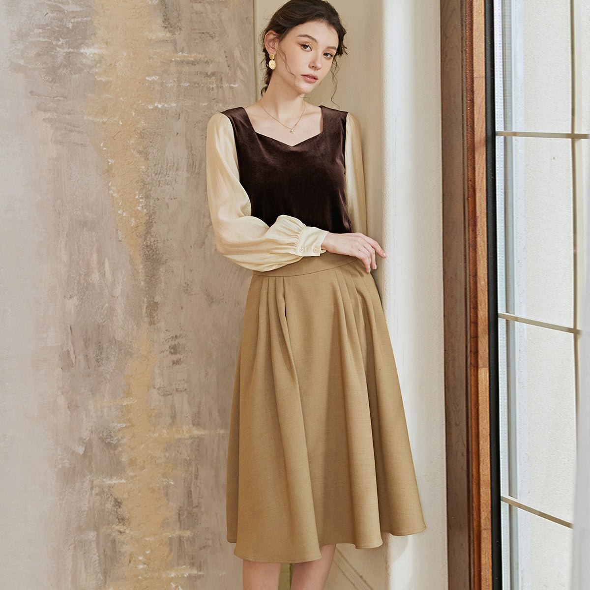 Chic Khaki Pleated Wrap Skirt   0cm