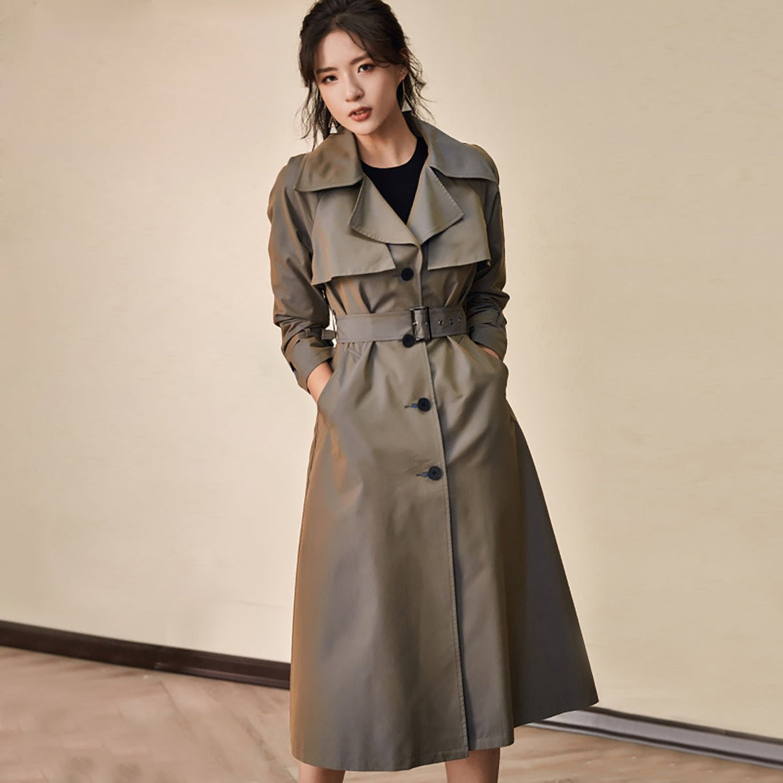 Chic Single-Breasted Green Trench Coat - 0cm