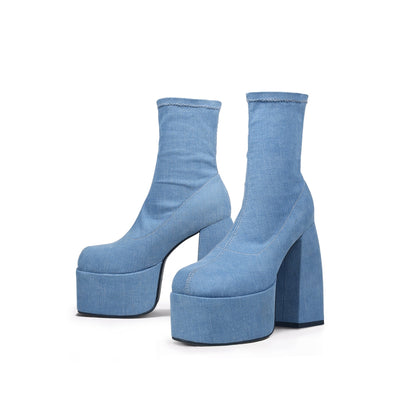 Chuncky Heeled Denim Blue Ankle Boots - 0cm