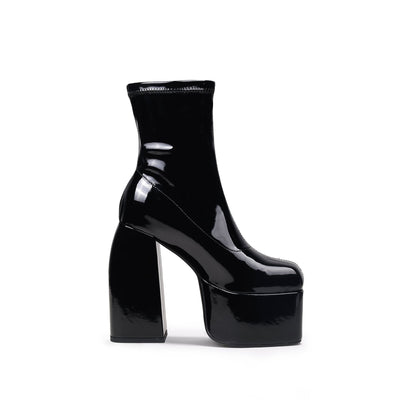 Chuncky Heeled Patent Black Ankle Boots - 0cm