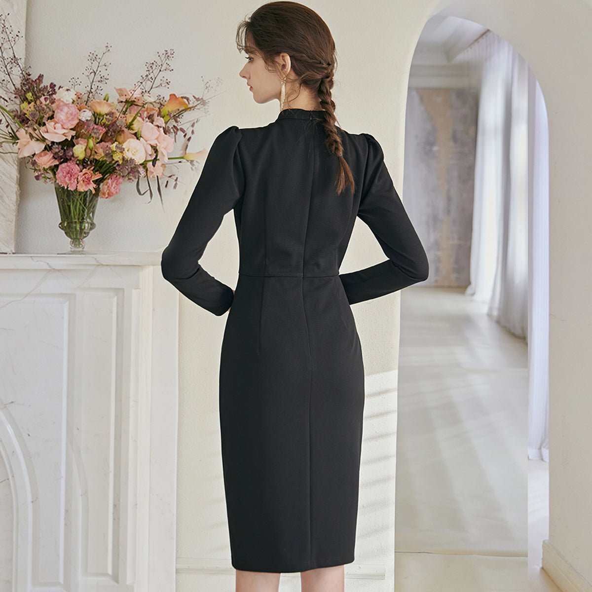 Classic Black Bodycon Dress with Golden Buttons   0cm