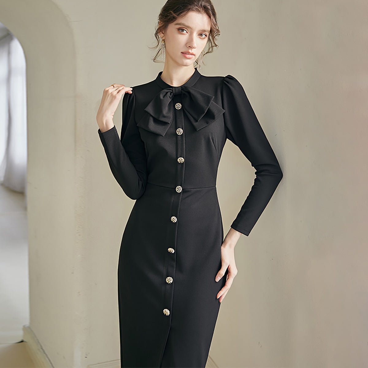 Classic Black Bodycon Dress with Golden Buttons   0cm
