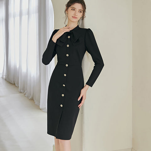 Classic Black Bodycon Dress with Golden Buttons, M