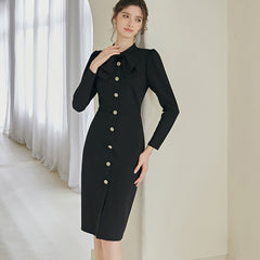 Classic Black Bodycon Dress with Golden Buttons