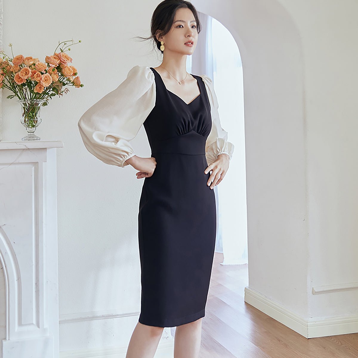 Classy Belted Black Bodycon Dress   0cm