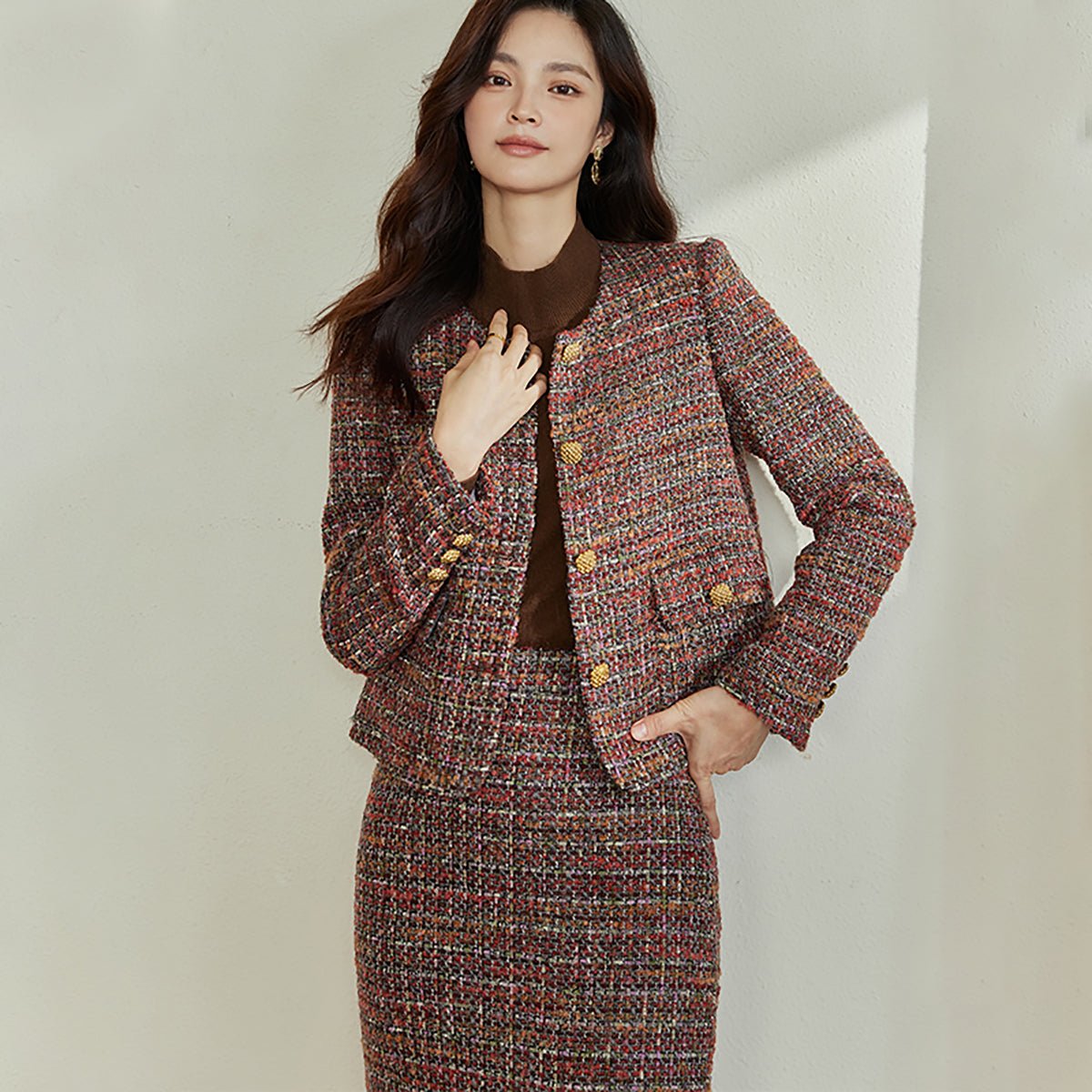 Coffee Tweed Skirt and Blazer Set   0cm