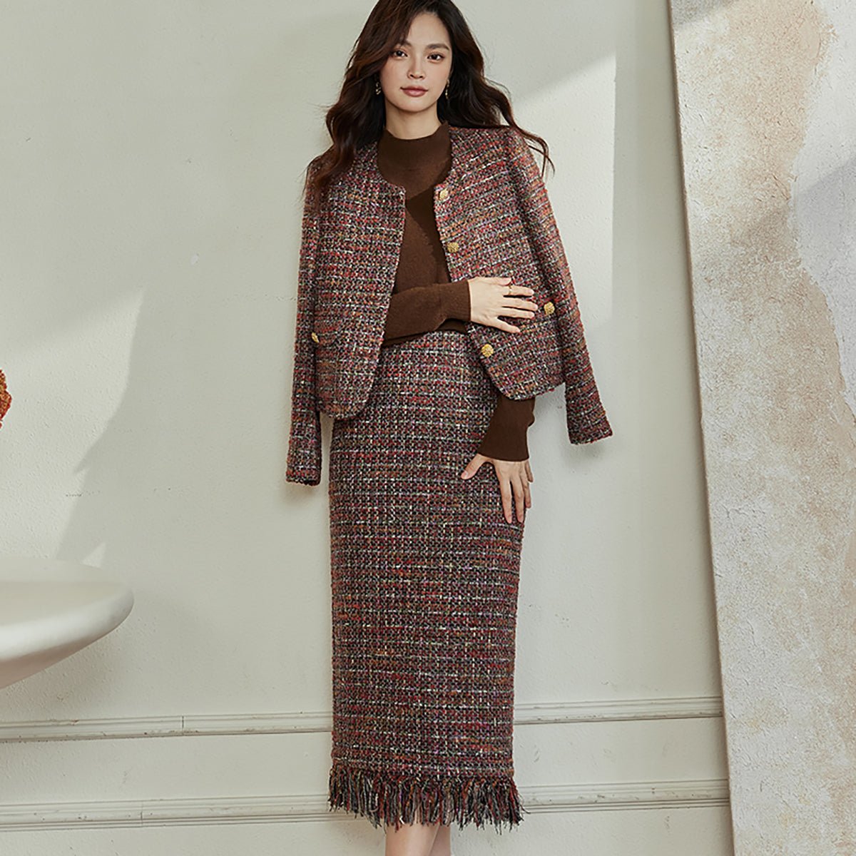 Coffee Tweed Skirt and Blazer Set   0cm