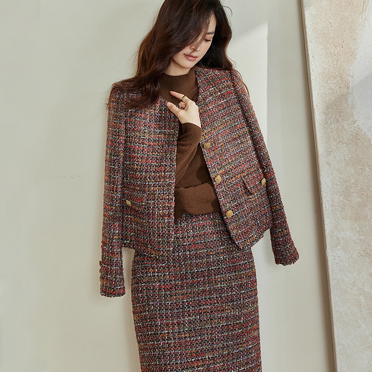 Coffee Tweed Skirt and Blazer Set   0cm