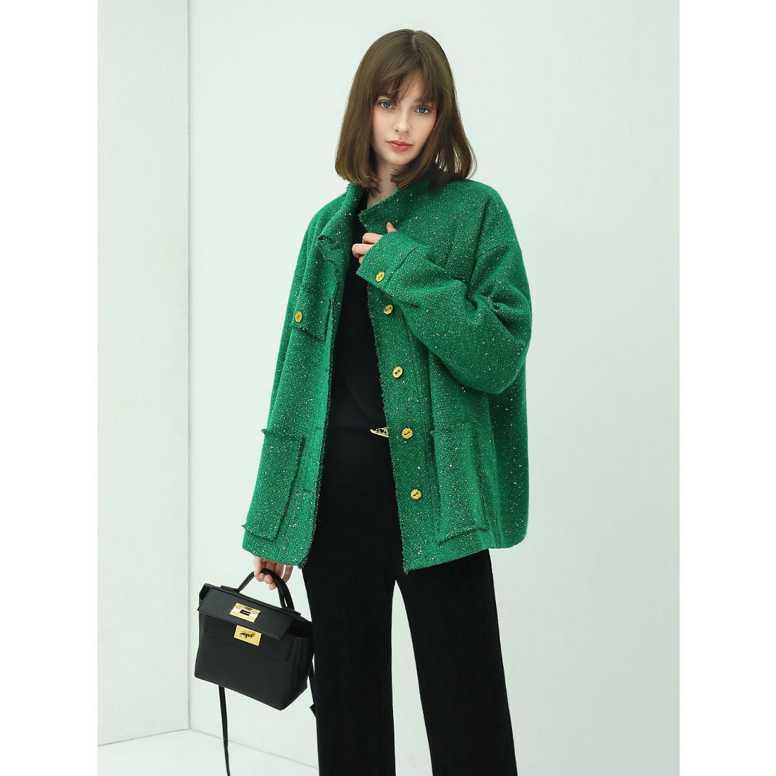 Contrast Button Single Breasted Sequin Green Tweed Coat - 0cm