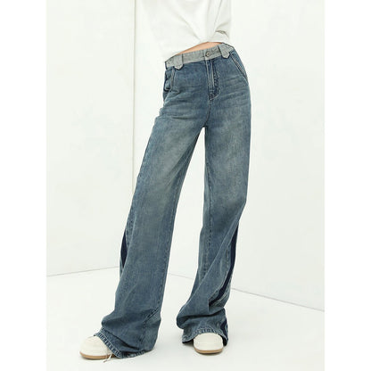 Contrast High-waist Side Strap Flared Baggy Blue Jeans - 0cm