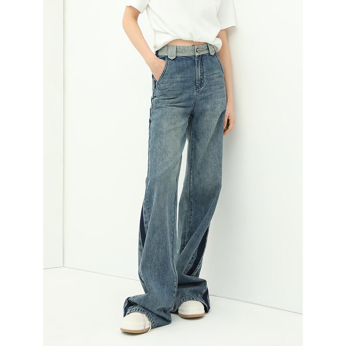 Contrast High-waist Side Strap Flared Baggy Blue Jeans - 0cm