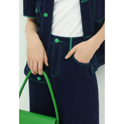 Contrast-stitch High-waist Cropped Navy Jeans - 0cm