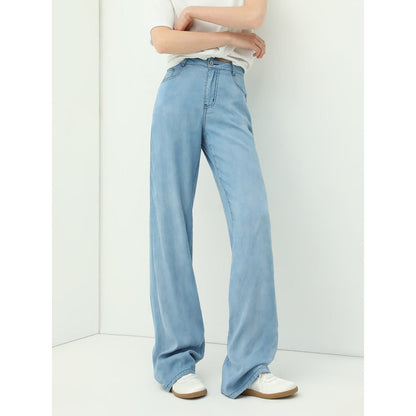 Cool-touch High-waist Draping Tencel Straight-leg Blue Jeans - 0cm