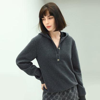Cozy Button Up Hooded Grey Polo Sweater - 0cm
