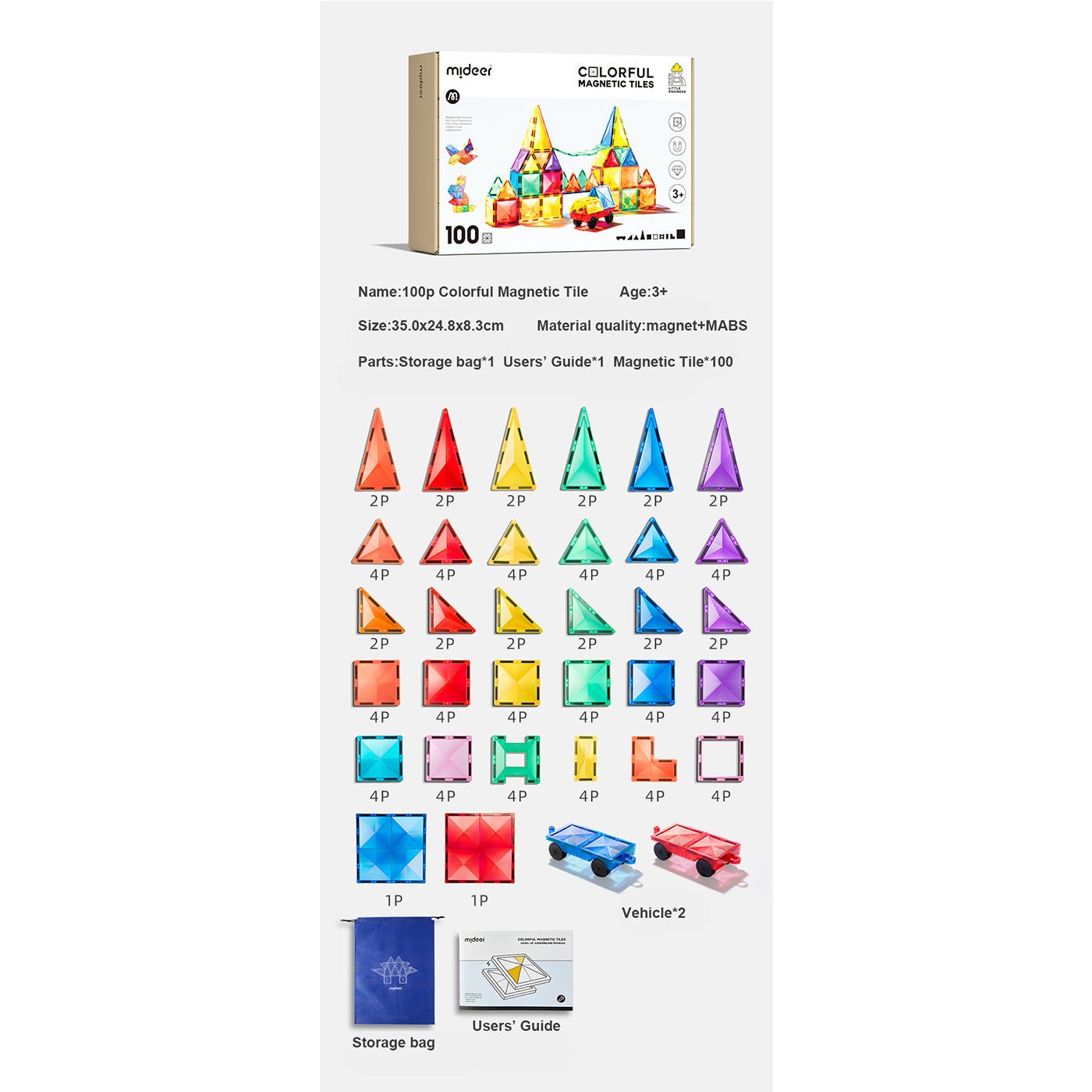 Creative Pack 100pcs Rainbow Magnetic Tiles - 0cm