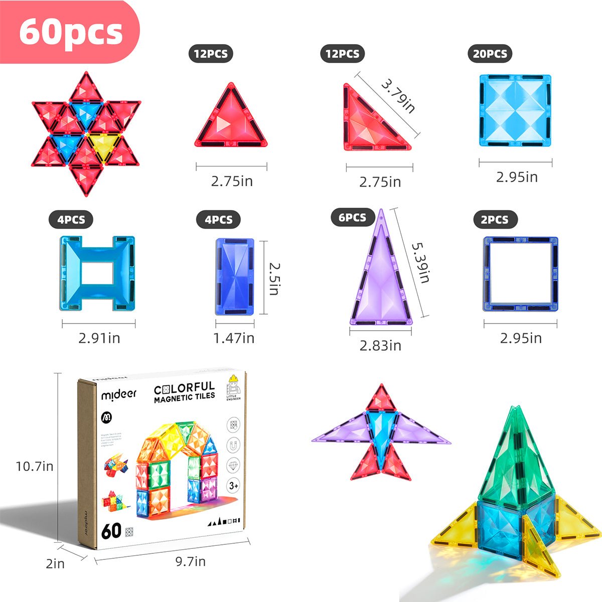 Creative Pack 60pcs Rainbow Magnetic Tiles - 0cm