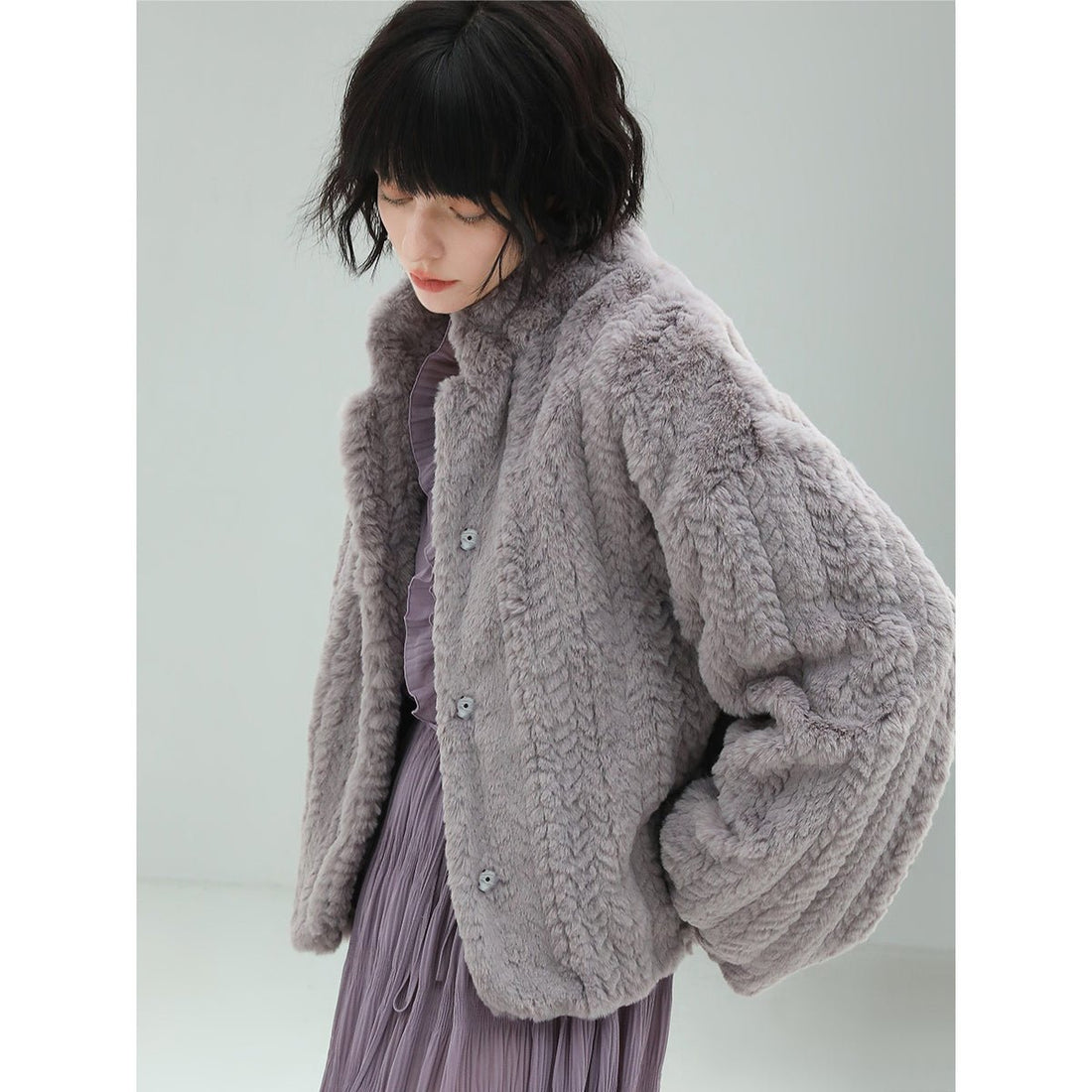 Cropped Faux-shearling Knitted Lavender Bomber Jacket - 0cm