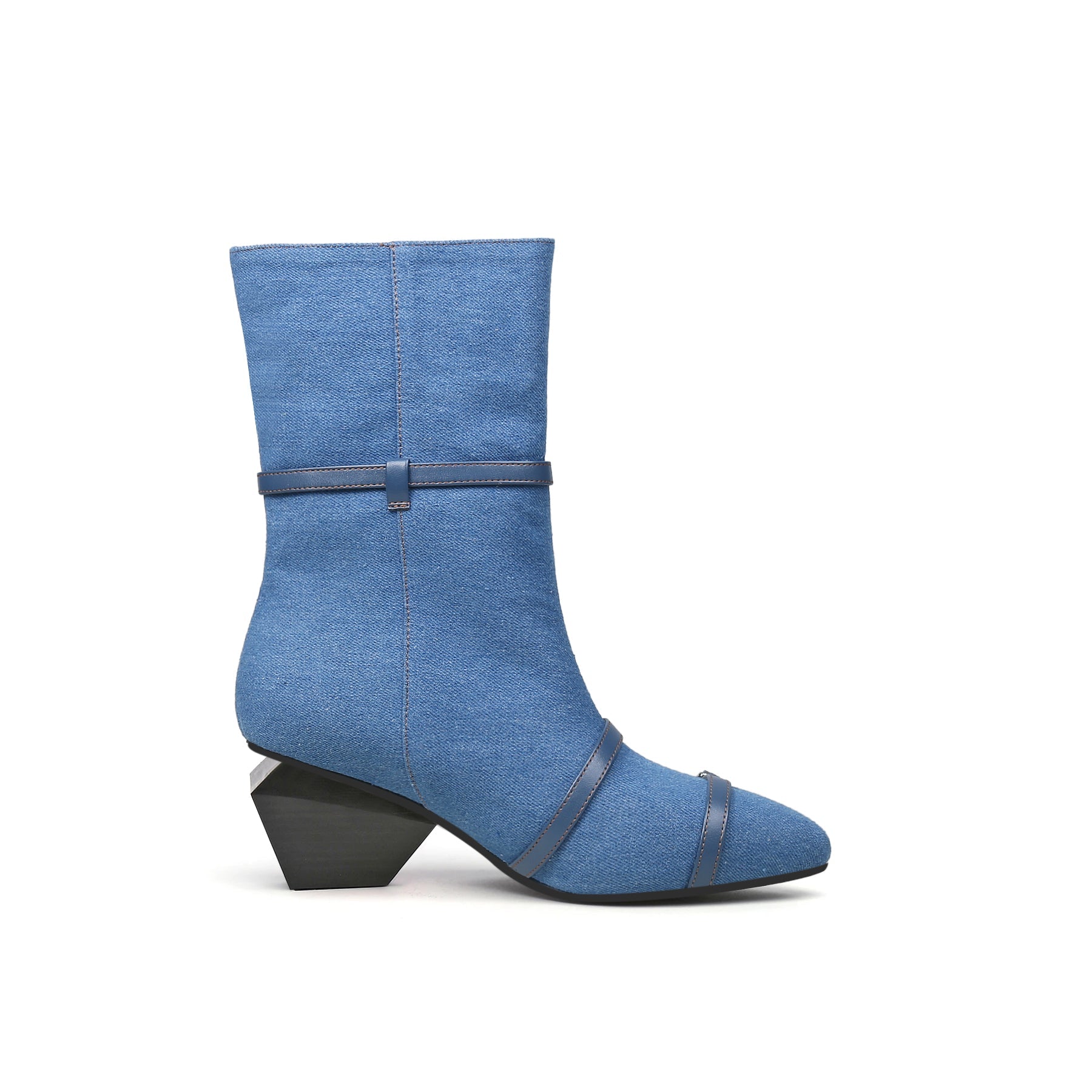 Cross Buckle Straps Denim Blue Ankle Boots - 0cm