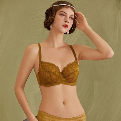 Cut and sew See through Unlined Lace Minimizer Underwire Green Bra