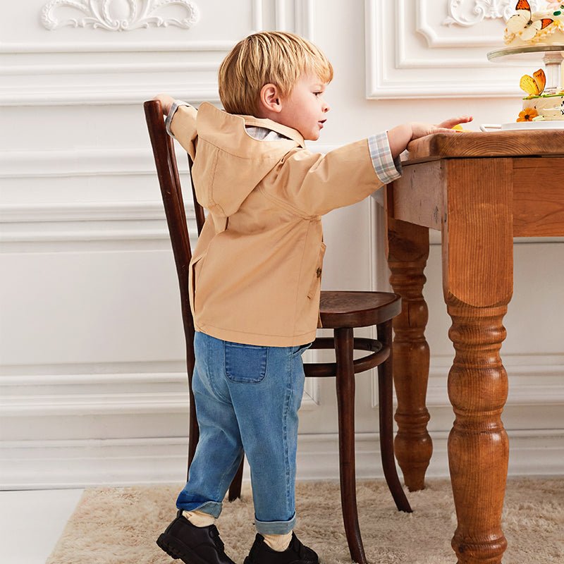 Darling Plaid Detail Unisex Khaki Hooded Trench Coat   0cm