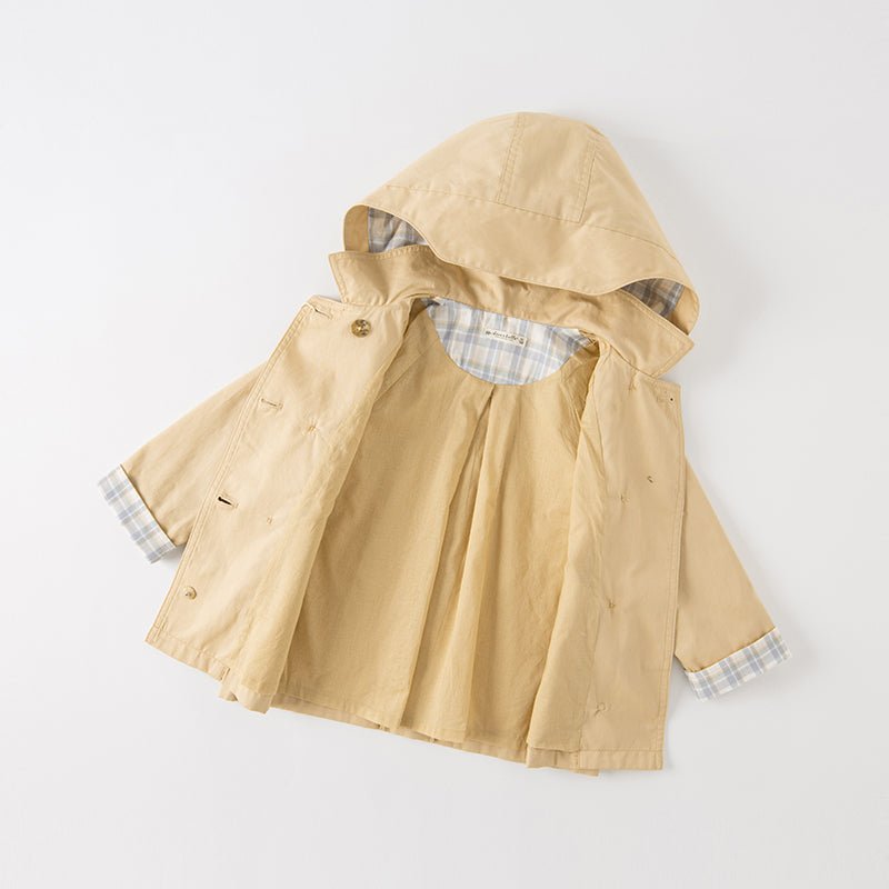 Darling Plaid Detail Unisex Khaki Hooded Trench Coat   0cm