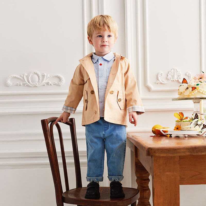 Darling Plaid Detail Unisex Khaki Hooded Trench Coat   0cm