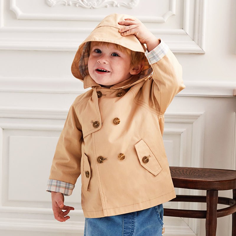 Darling Plaid Detail Unisex Khaki Hooded Trench Coat   0cm