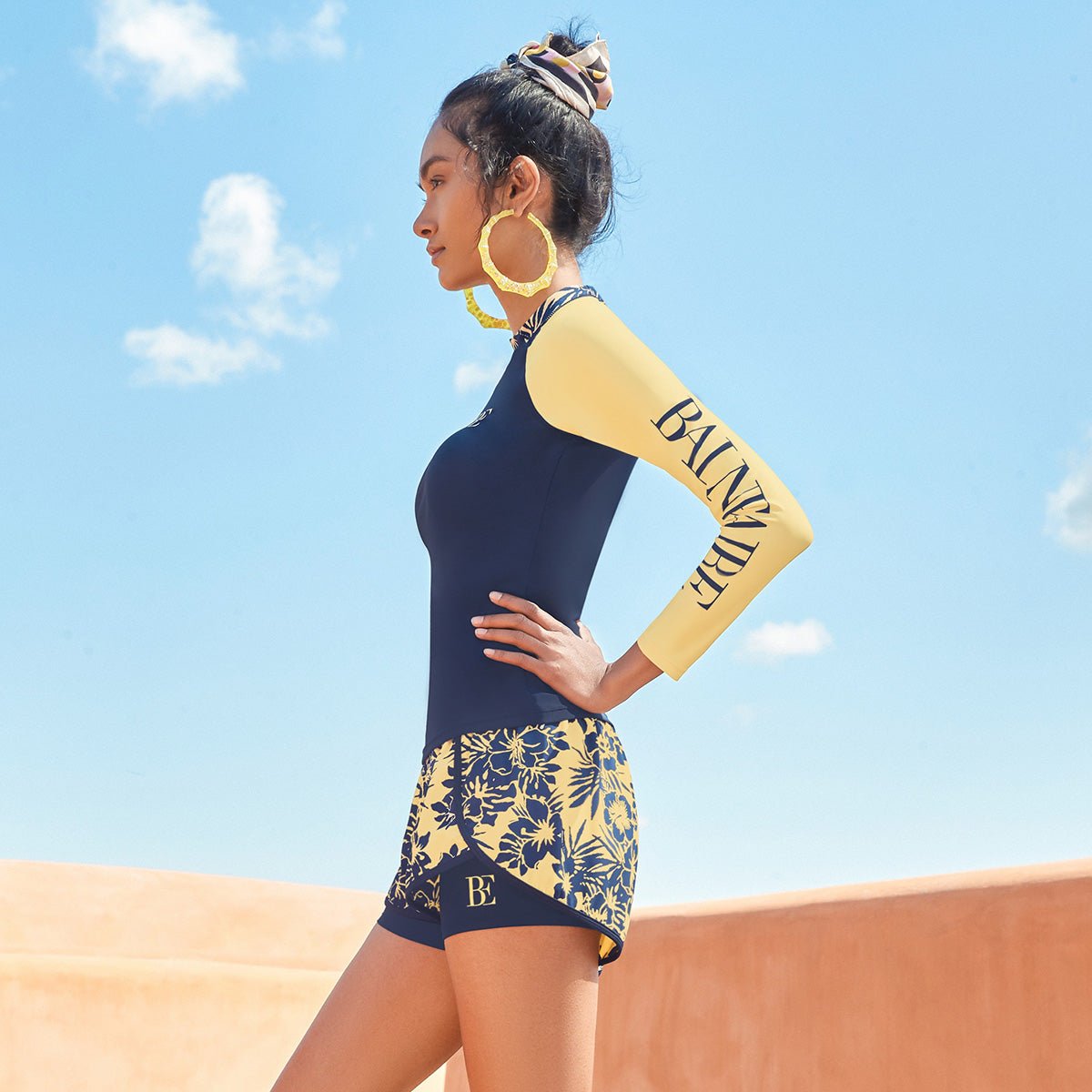 Desert Flowers Single Sleeve Logo Print Yellow Two Piece Tankini Set   0cm