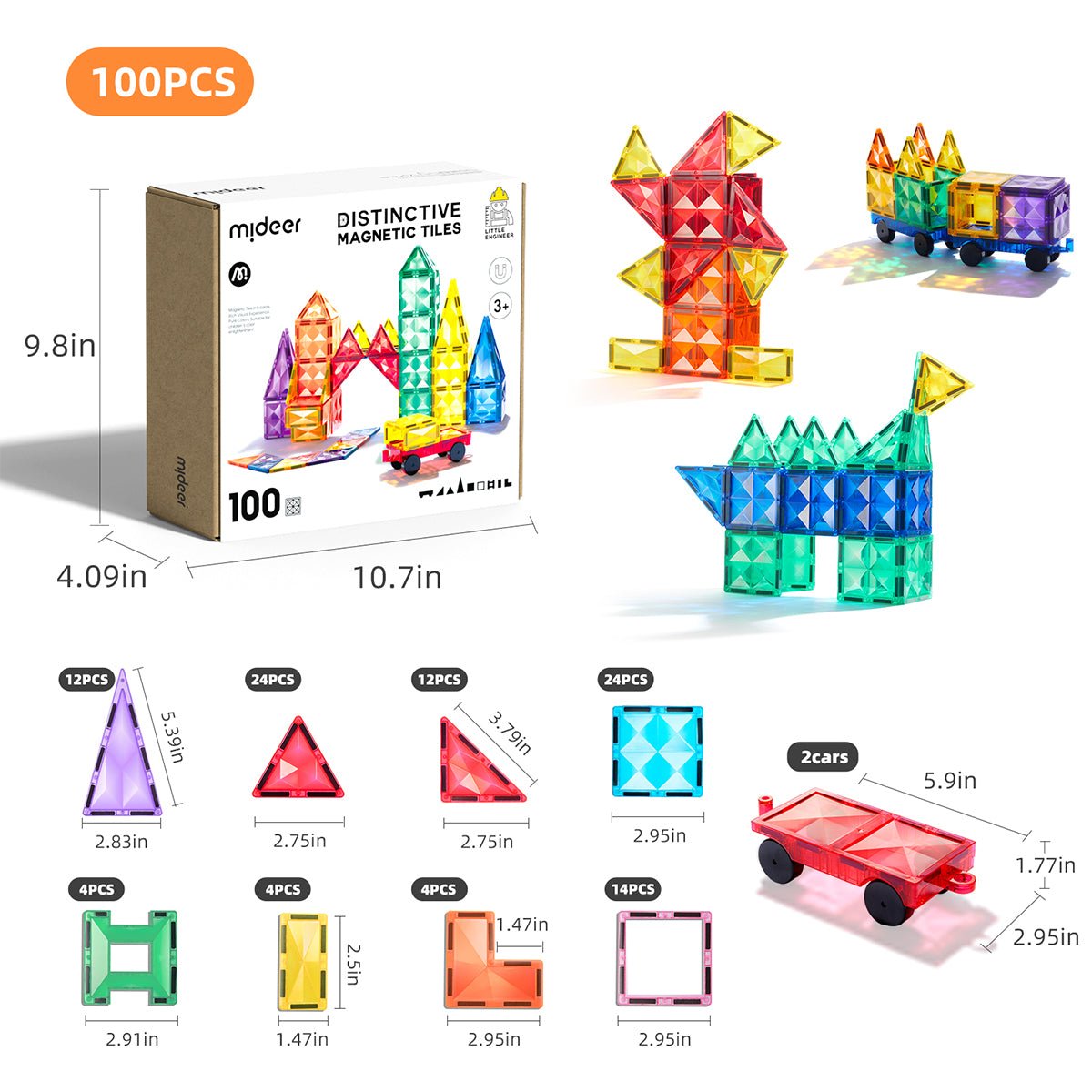 Distinctive Pack 100pcs Rainbow Magnetic Tiles - 0cm