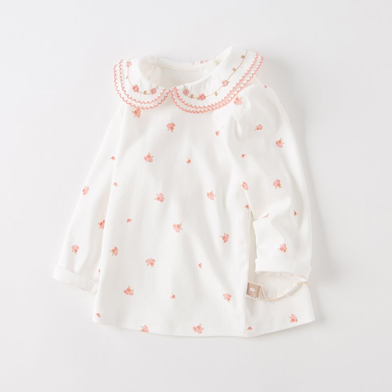 Double Embroidered Collar Girl Bouquet White Tee   0cm