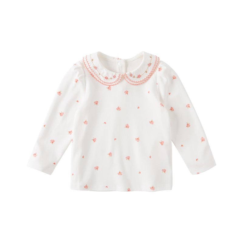 Double Embroidered Collar Girl Bouquet White Tee