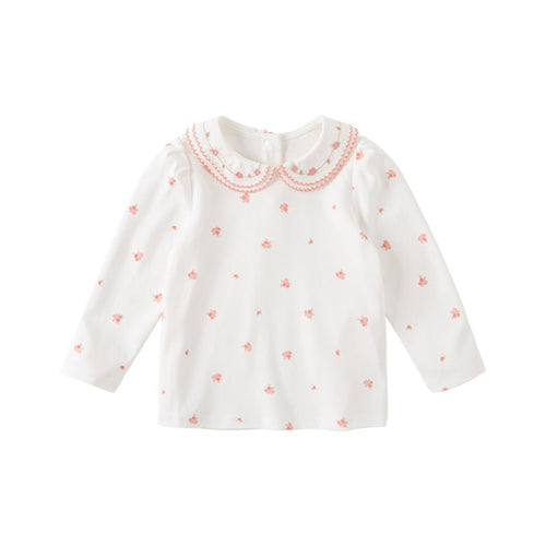 Double Embroidered Collar Girl Bouquet White Tee